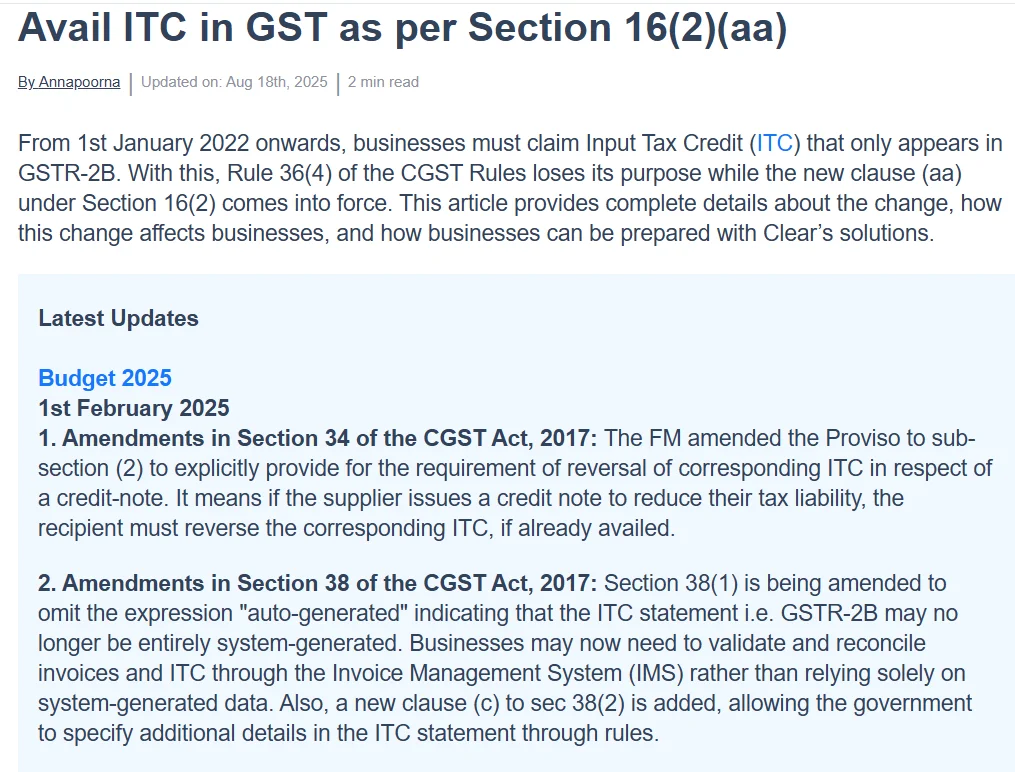 Summary of Section 16(2)(aa) and budget 2025 GST amendments
