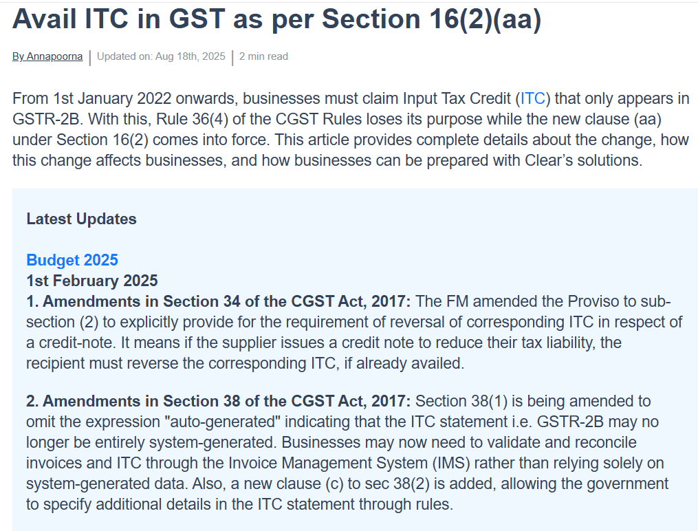 Summary of Section 16(2)(aa) and budget 2025 GST amendments