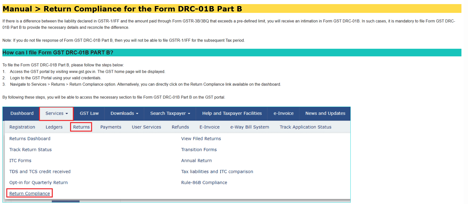 GST portal screenshot showing navigation path Services to Returns to Return Compliance for Form DRC-01B Part B